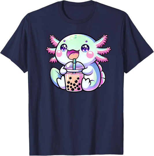 Cute Kawaii Axolotl Boba Bubble Tea Blue Pink Anime Bobalotl Men Women Kids T-Shirt - T-Shirt | Navy