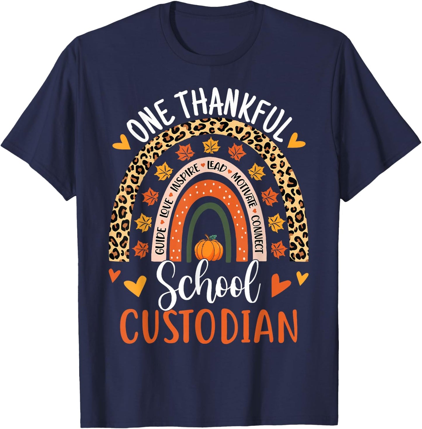 One Thankful School Custodian Thanksgiving Rainbow Leopard T-Shirt - T-Shirt | Navy