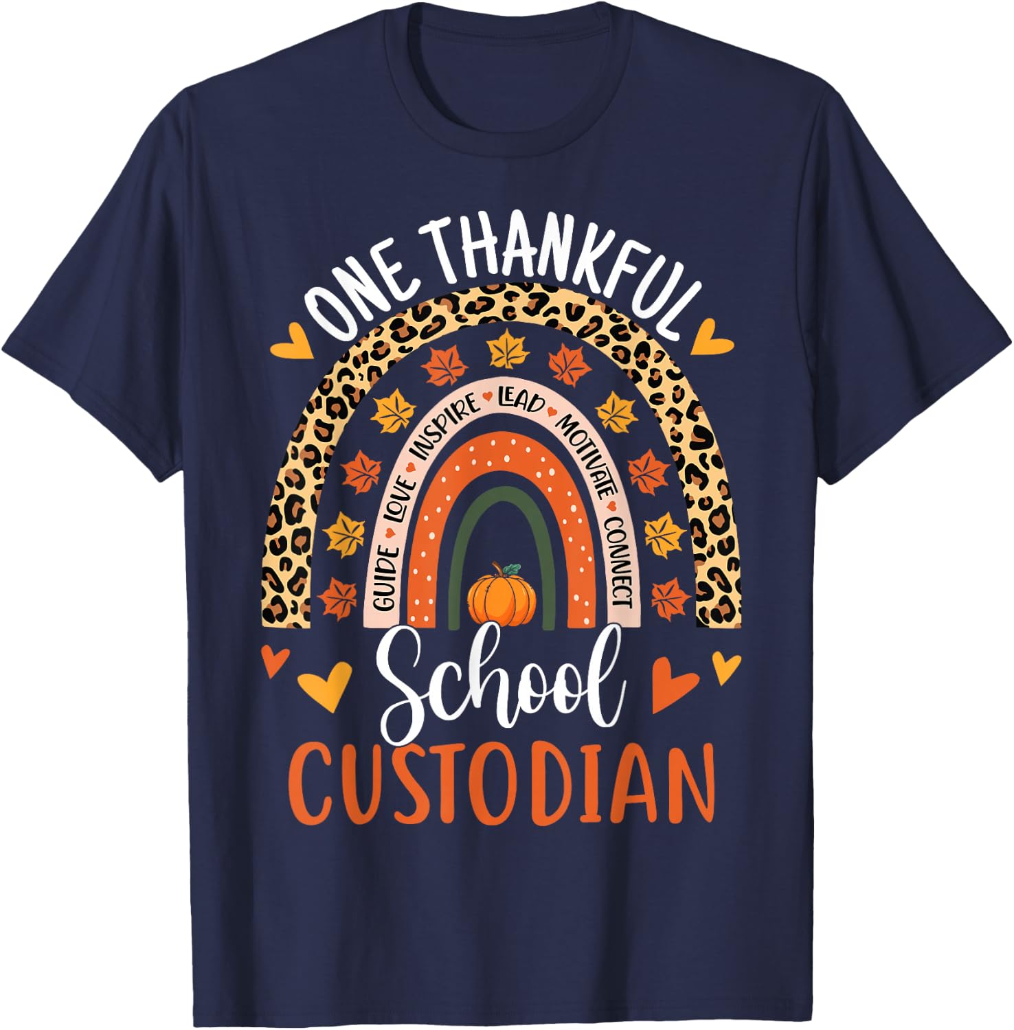 One Thankful School Custodian Thanksgiving Rainbow Leopard T-Shirt - T-Shirt | Navy