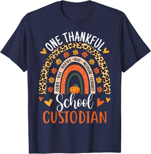 One Thankful School Custodian Thanksgiving Rainbow Leopard T-Shirt - T-Shirt | Navy