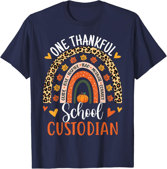 One Thankful School Custodian Thanksgiving Rainbow Leopard T-Shirt - T-Shirt | Navy