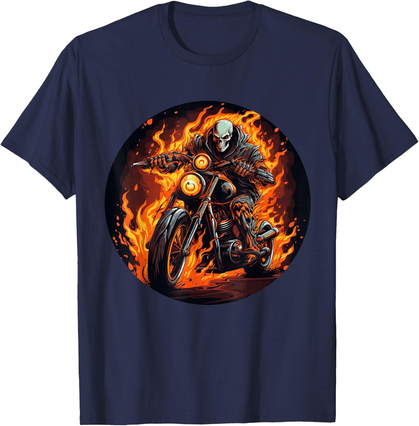Skeleton Flames on burning Motorcycle for Motorbikes Lovers T-Shirt - T-Shirt | Navy