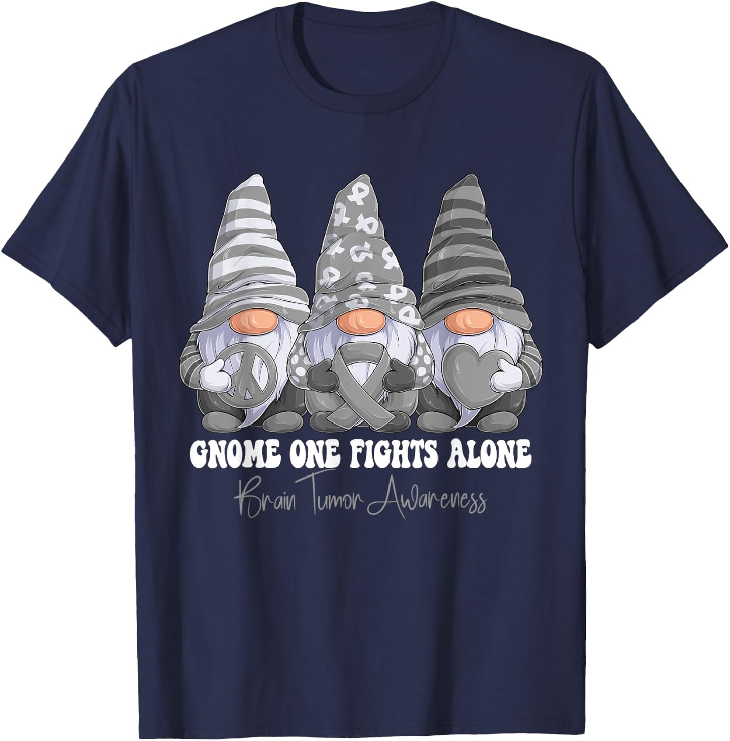 Brain Tumor Awareness Month Gray Ribbon Gnomies Support T-Shirt - T-Shirt | Navy