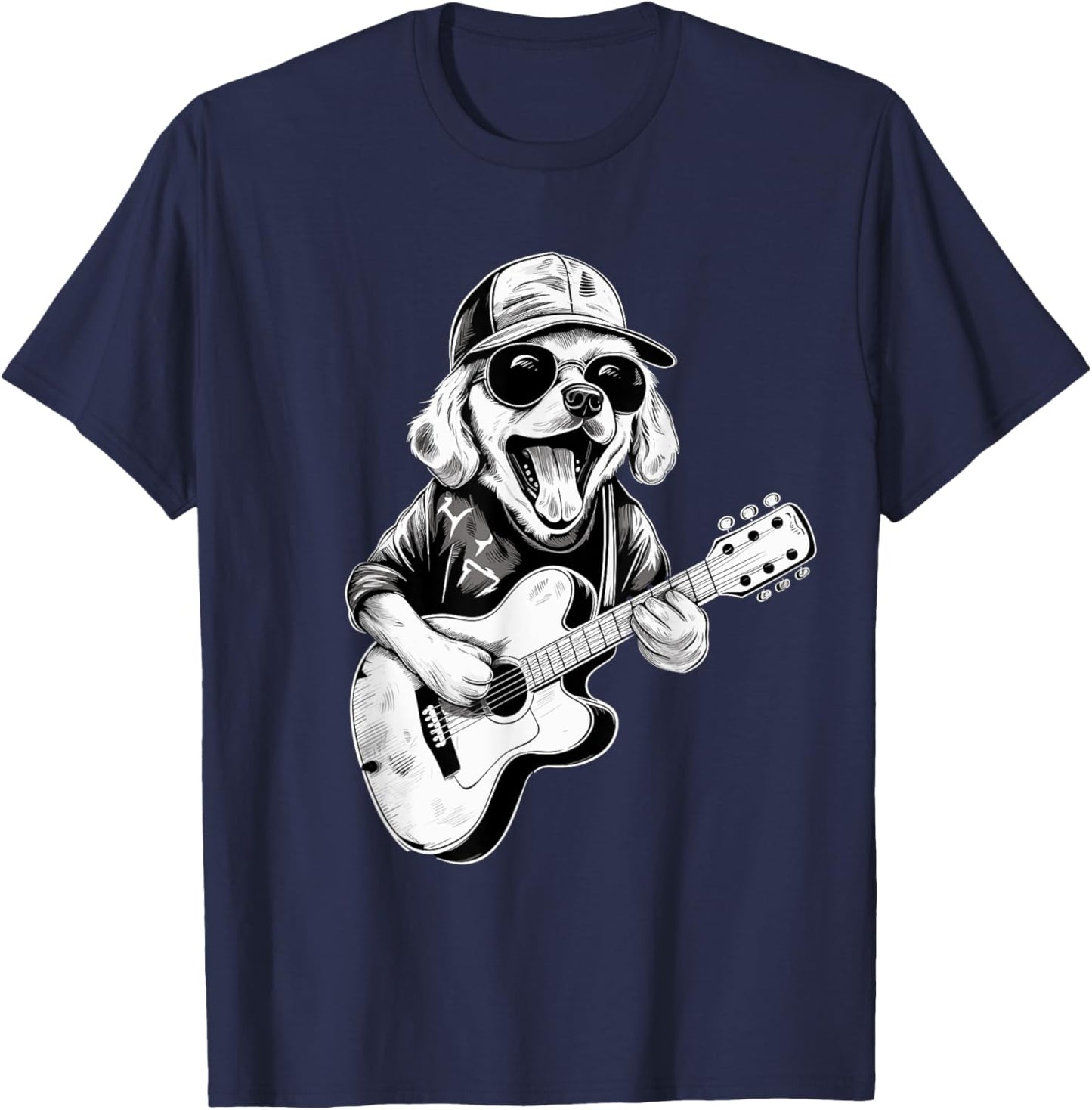 Golden Retriever Dog Playing Guitar Rock on Guitarist Women T-Shirt - T-Shirt | Navy
