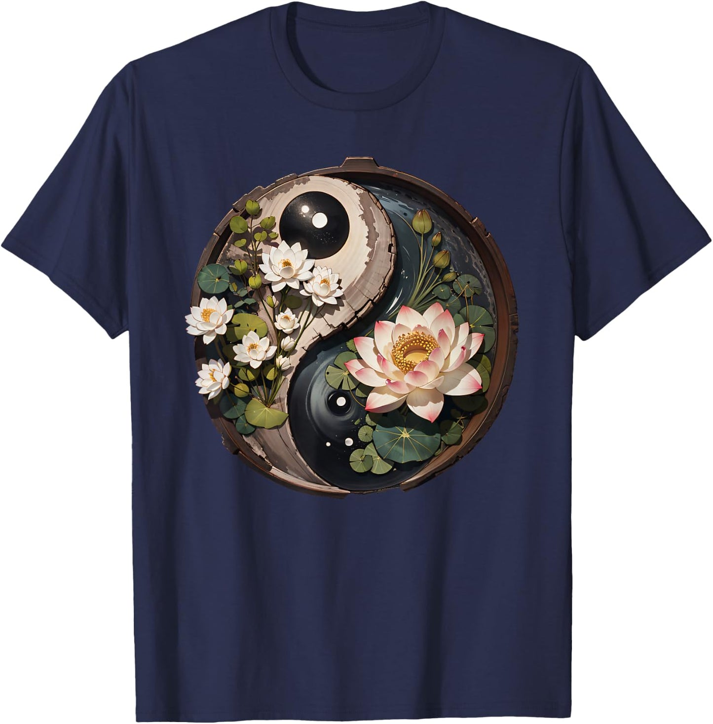 Lotus Flower Pond Yin Yang T-Shirt - T-Shirt | Navy