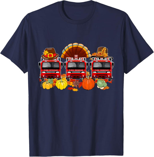 Thanksgiving Three Cute Fire Trucks As Turkey Autumn Driver T-Shirt - T-Shirt | Navy
