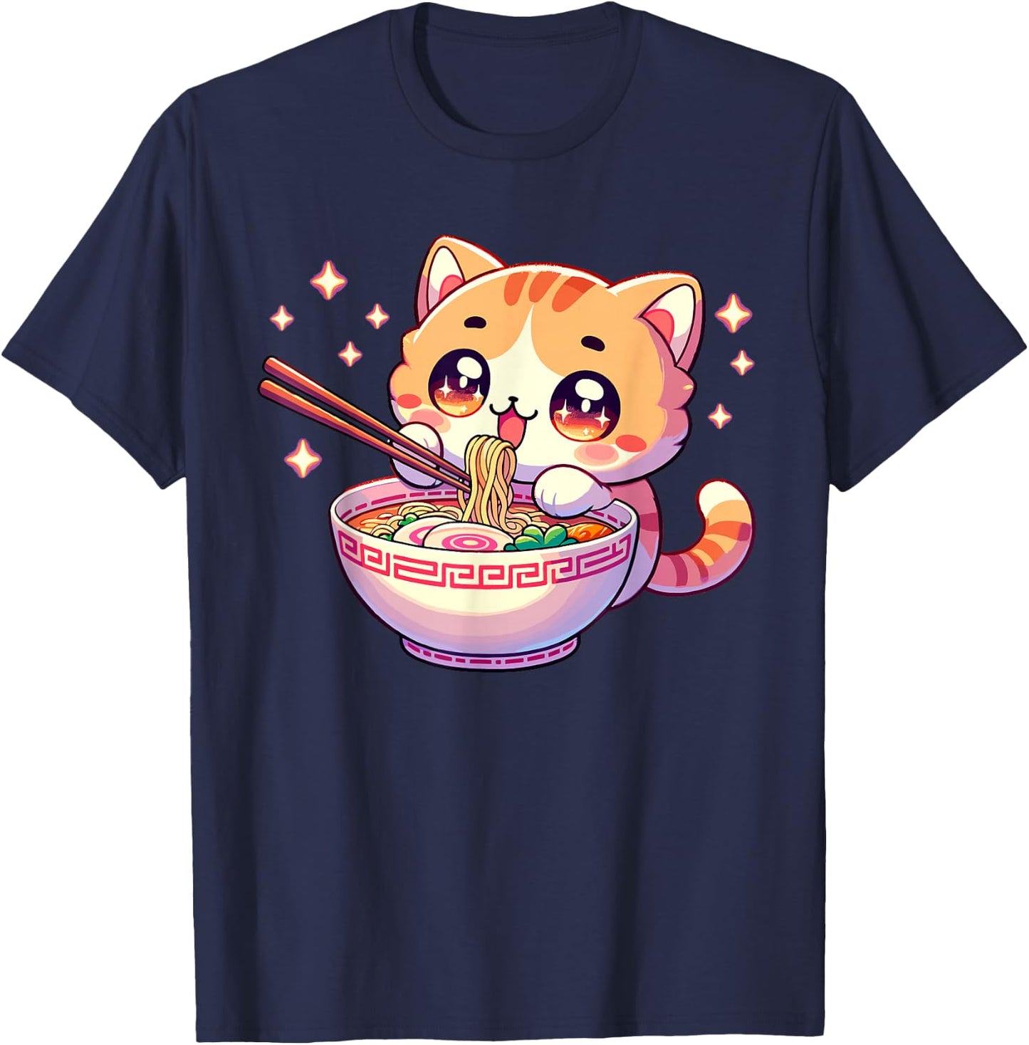 Japanese Kawaii Kitten Anime Cat Eating Ramen Women Girls T-Shirt - T-Shirt | Navy