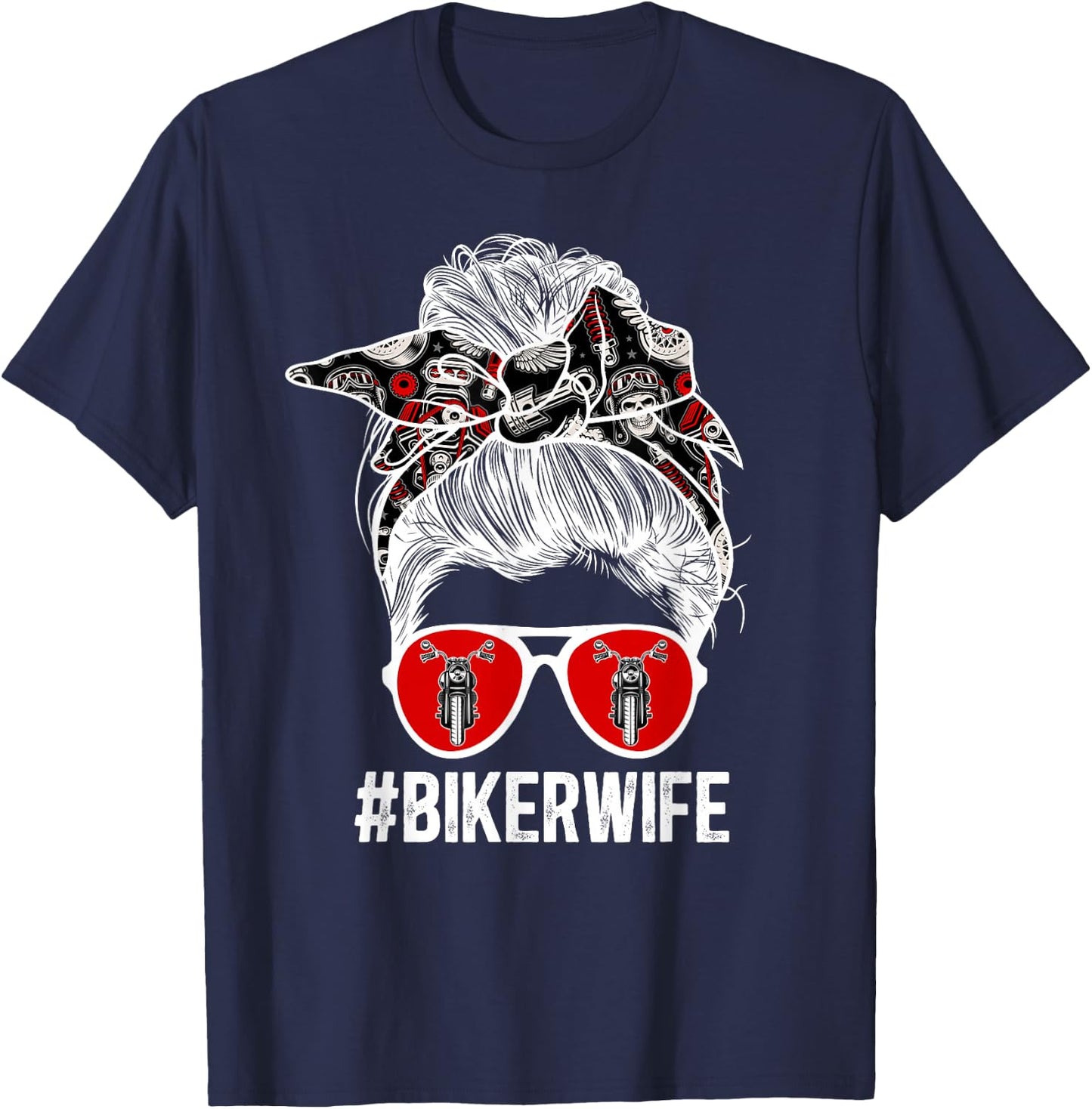 Cute Biker Wife Anniversary Biker Wife Messy Bun Motorcycle Wife - Black, Small T-Shirt - T-Shirt | Navy