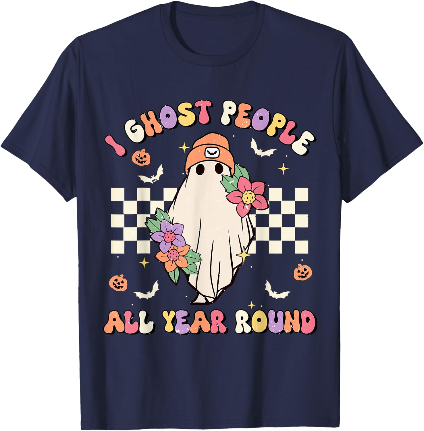 I Ghost People All Year Round Retro Halloween Ghost Floral T-Shirt - T-Shirt | Navy