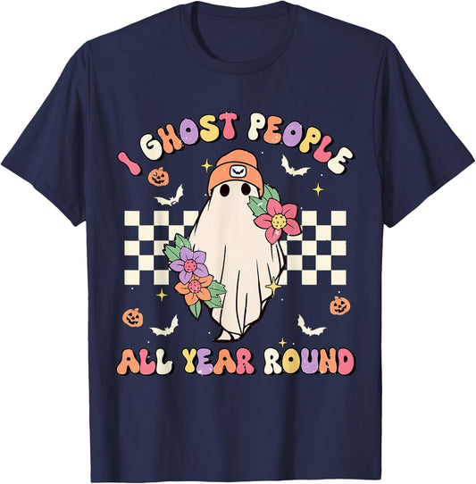 I Ghost People All Year Round Retro Halloween Ghost Floral T-Shirt - T-Shirt | Navy
