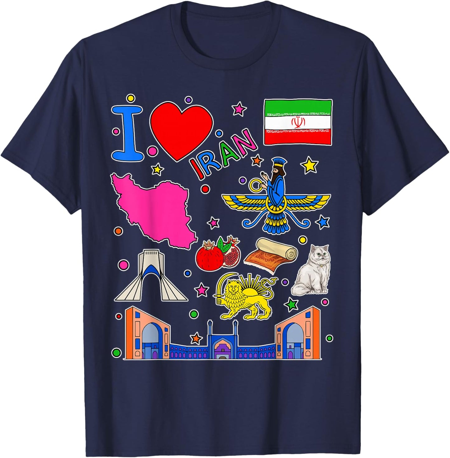 Iranian hand drawn landmarks, Iran map, Culture icons T-Shirt - T-Shirt | Navy