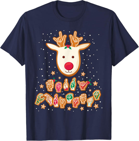 ASL Christmas Reindeer American Sign Language Gingerbread T-Shirt - T-Shirt | Navy