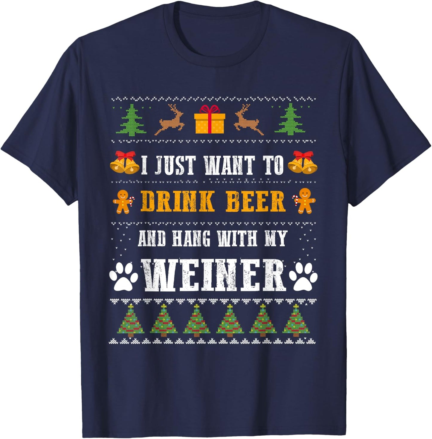 Drink Beer Funny Weiner Dachshund Dog Ugly Christmas Sweater T-Shirt - T-Shirt | Navy