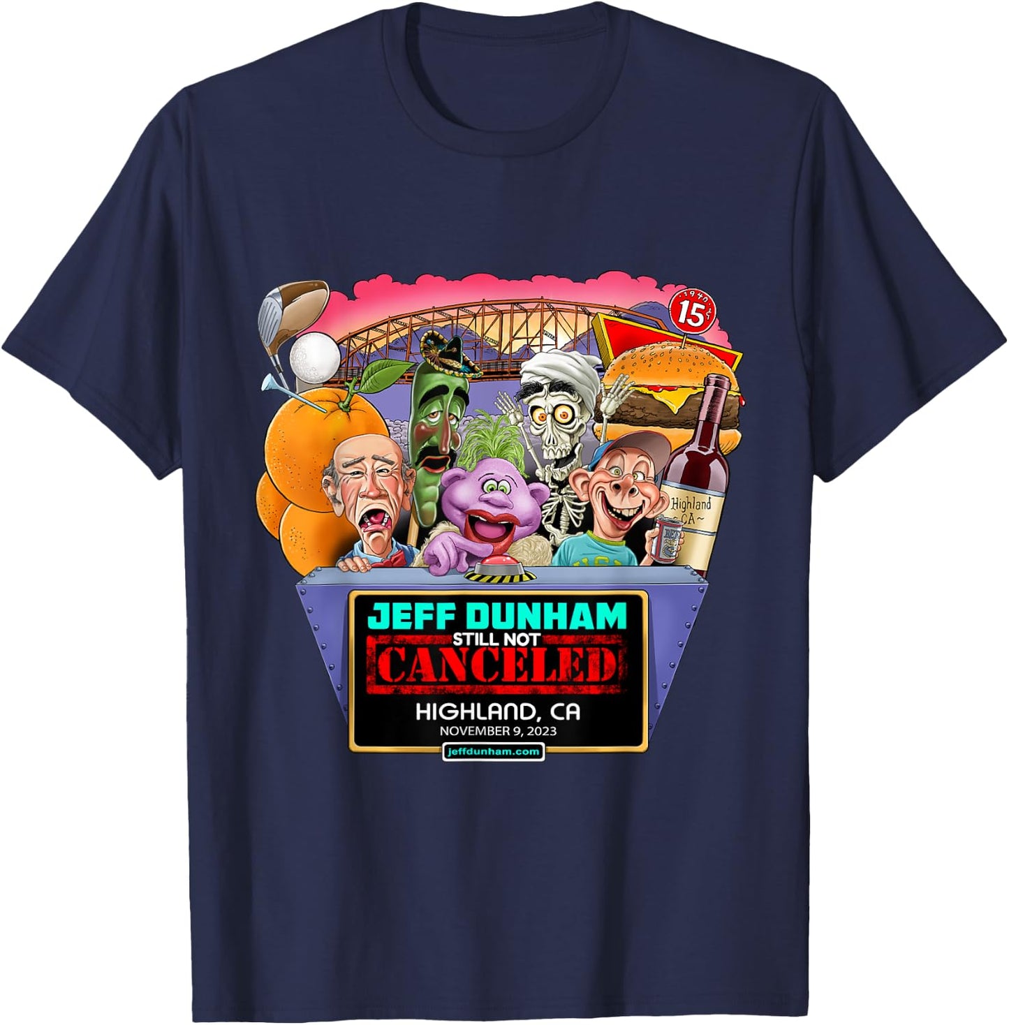 Jeff Dunham Highland, CA (2023) T-Shirt - T-Shirt | Navy