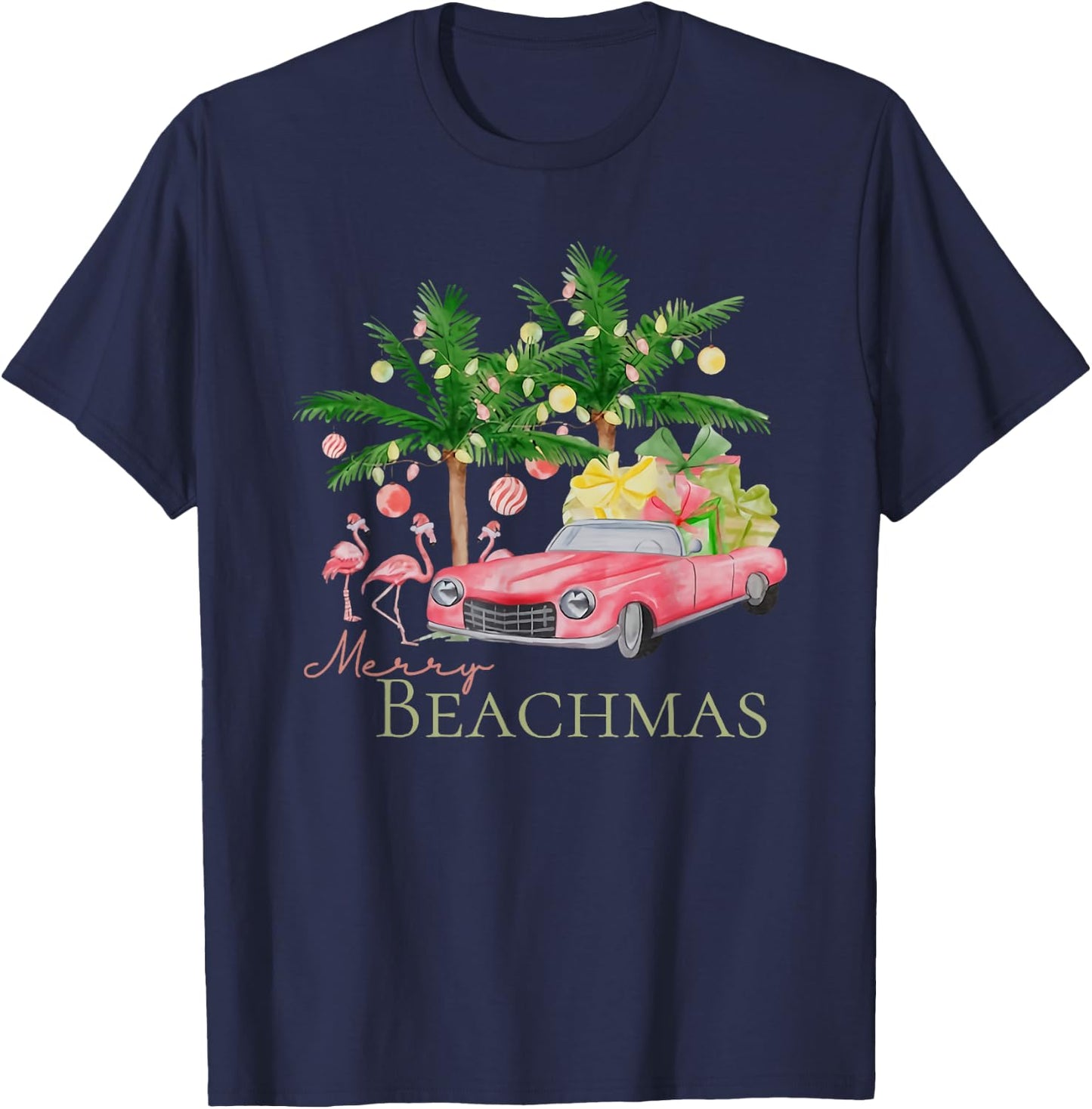 Merry Beachmas Tropical Christmas Santa Flamingo Hawaii Men Women T-Shirt - T-Shirt | Navy