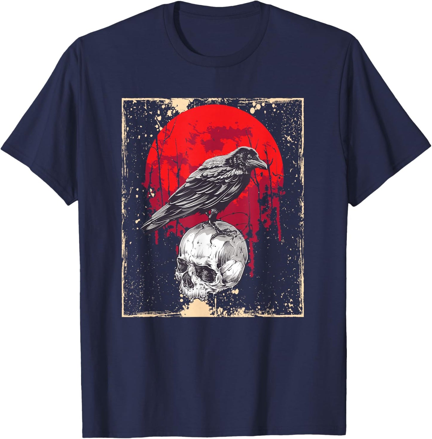 Gothic Raven Skull Red Moon Black Crow T-Shirt - T-Shirt | Navy
