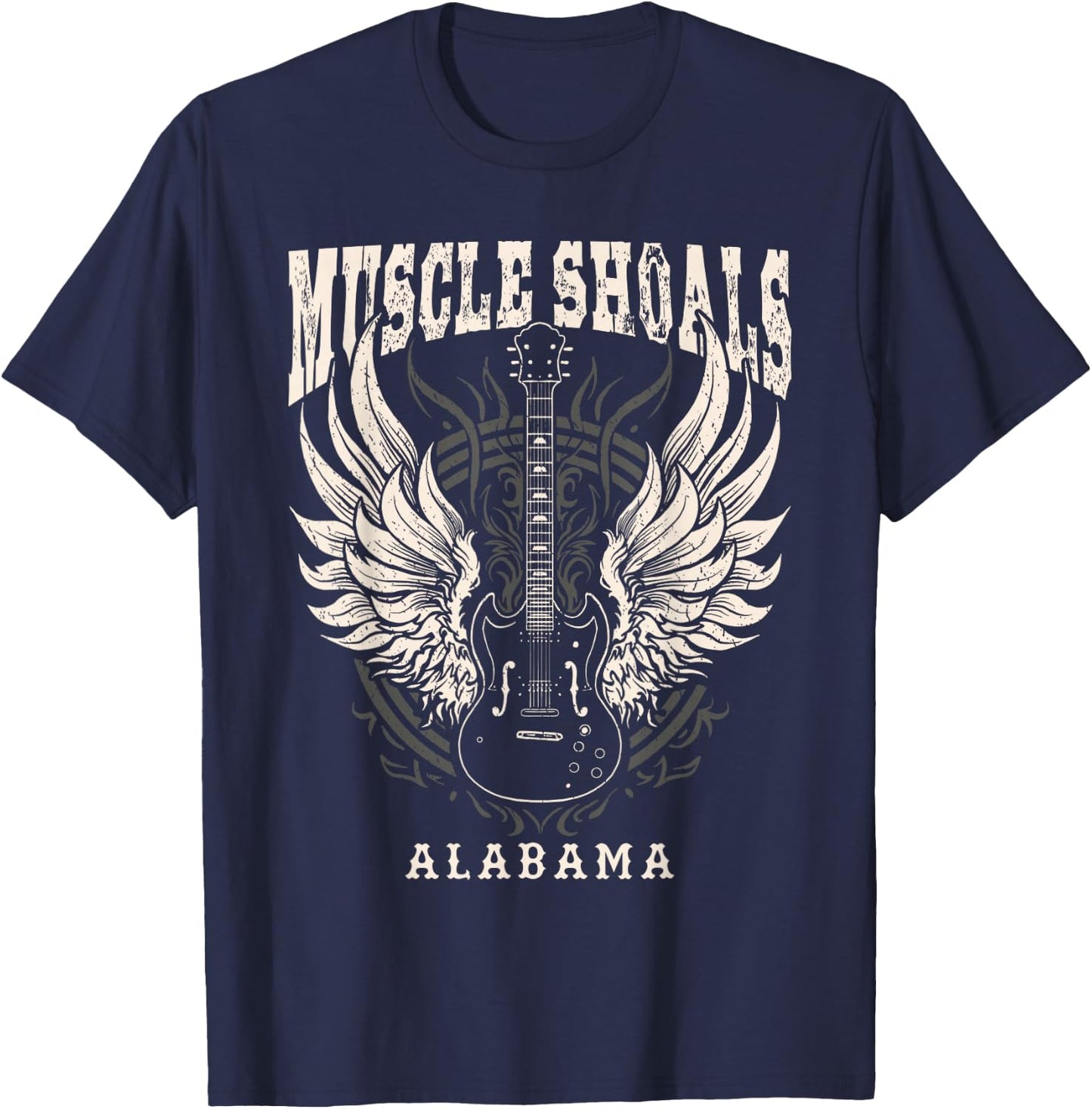 Muscle Shoals Alabama Vintage Guitar Wings T-Shirt - T-Shirt | Navy