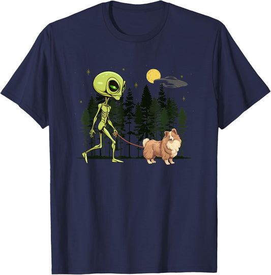 Funny Shetland Sheepdog Sheltie Alien Walking UFO Pet Dog Women Kids T-Shirt - T-Shirt | Navy