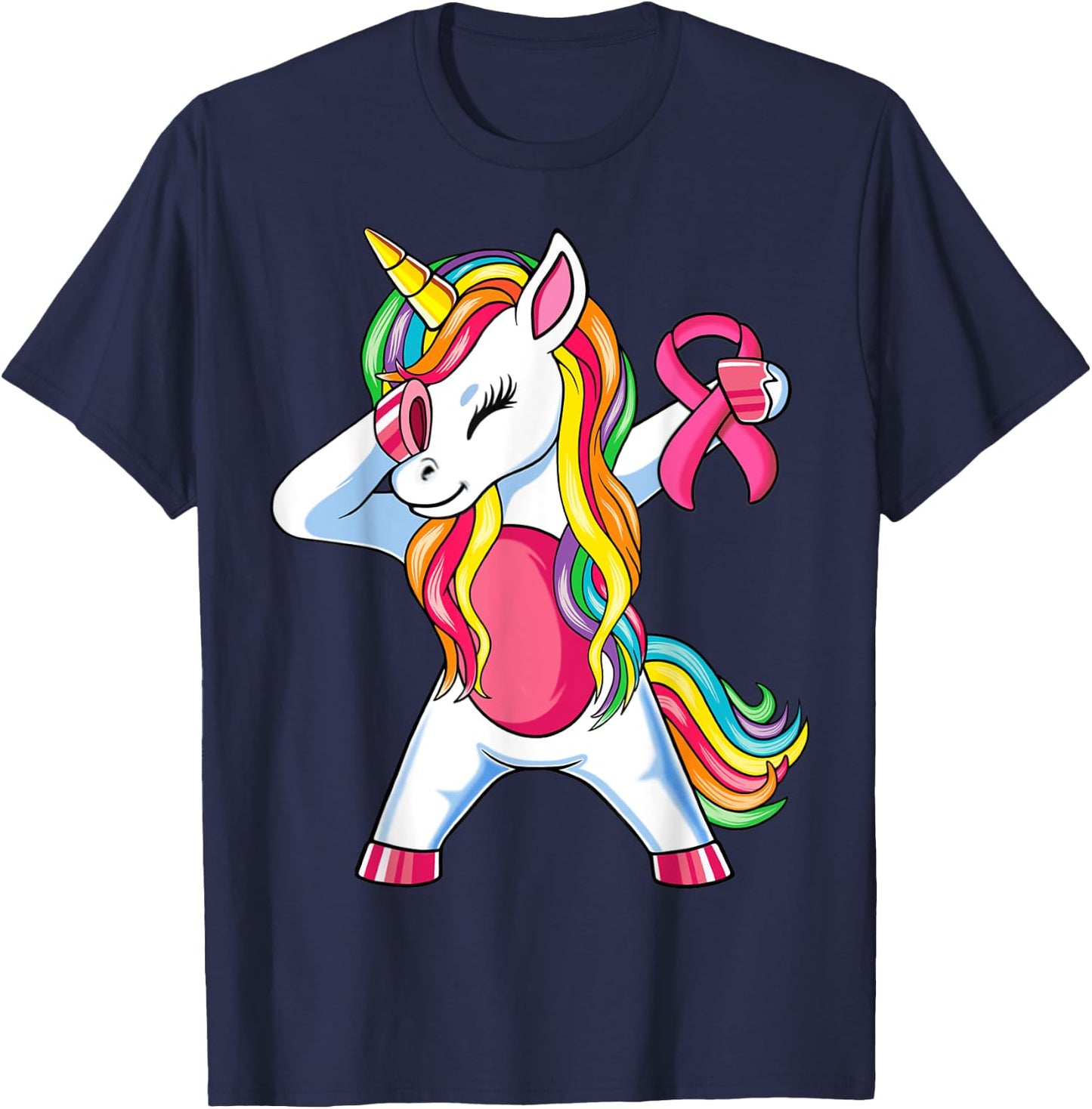 Pink Ribbon Unicorn Breast Cancer Awareness for Girls Kids T-Shirt - T-Shirt | Navy