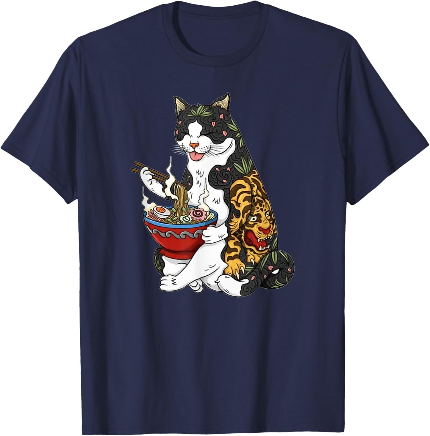 Cat eating noodle 90s retro T-Shirt - T-Shirt | Navy