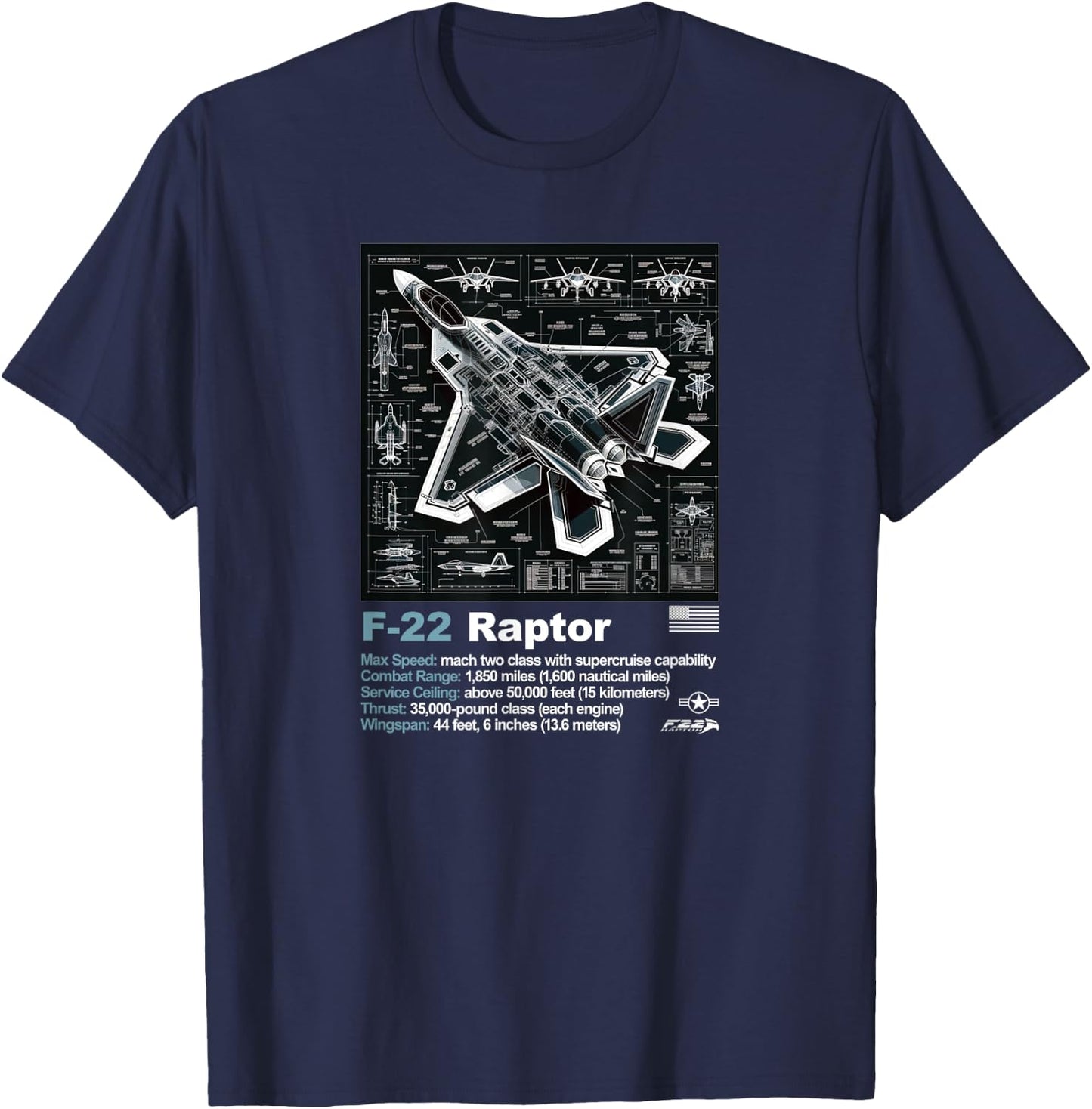 F22 Raptor Fighter Jet Blueprint Technical Drawing & Specs T-Shirt - T-Shirt | Navy