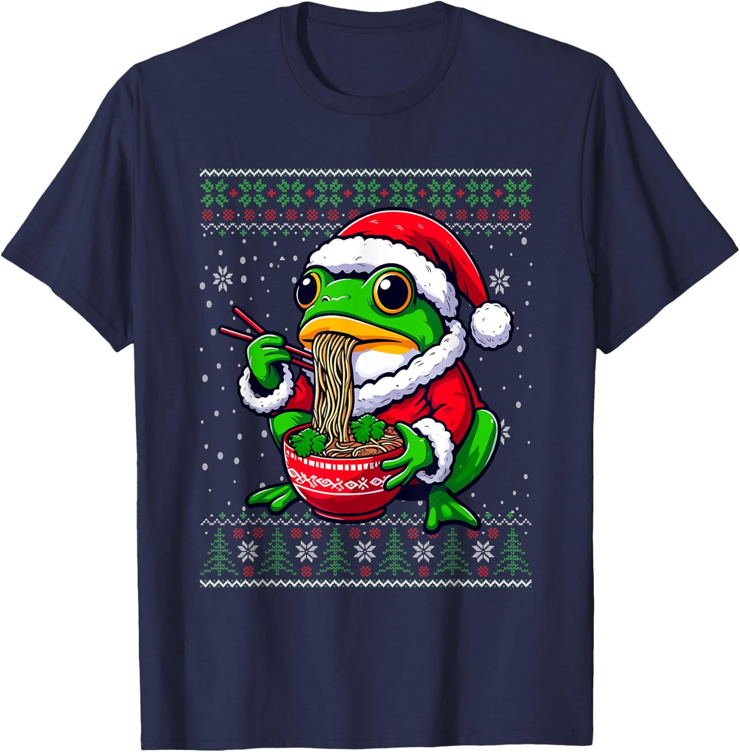 Christmas Frog Eating Ramen Ugly Christmas Sweater T-Shirt - T-Shirt | Navy