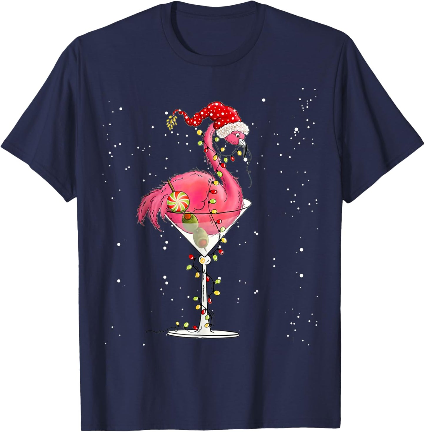 Merry Christmas Pink Flamingo Wine Drinking Lights Xmas Tree T-Shirt - T-Shirt | Navy