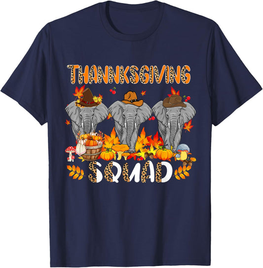 Thanksgiving Squad Leopard Three Fall Elephants Wearing Hat T-Shirt - T-Shirt | Navy