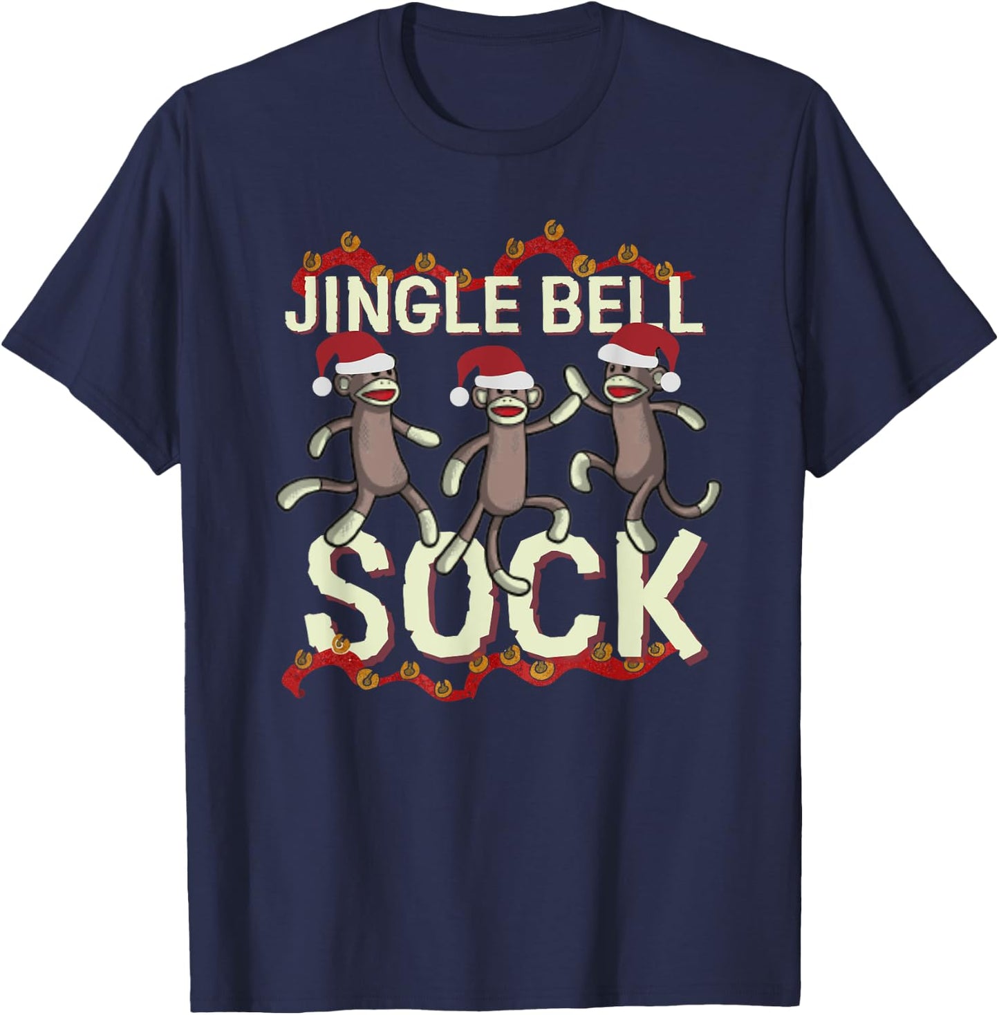 Jingle Bell Sock Funny Sock Monkey Christmas T-Shirt - T-Shirt | Navy