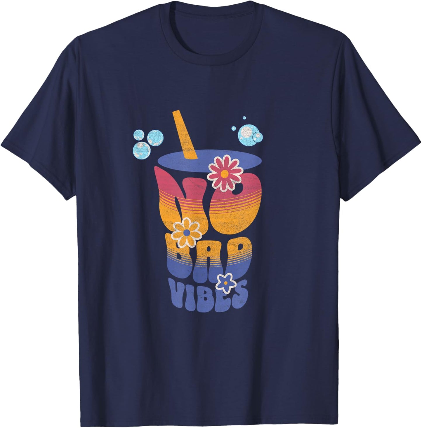 No Bad Vibes Summer Retro Sunset Think Positive Wellbeing Women T-Shirt - T-Shirt | Navy