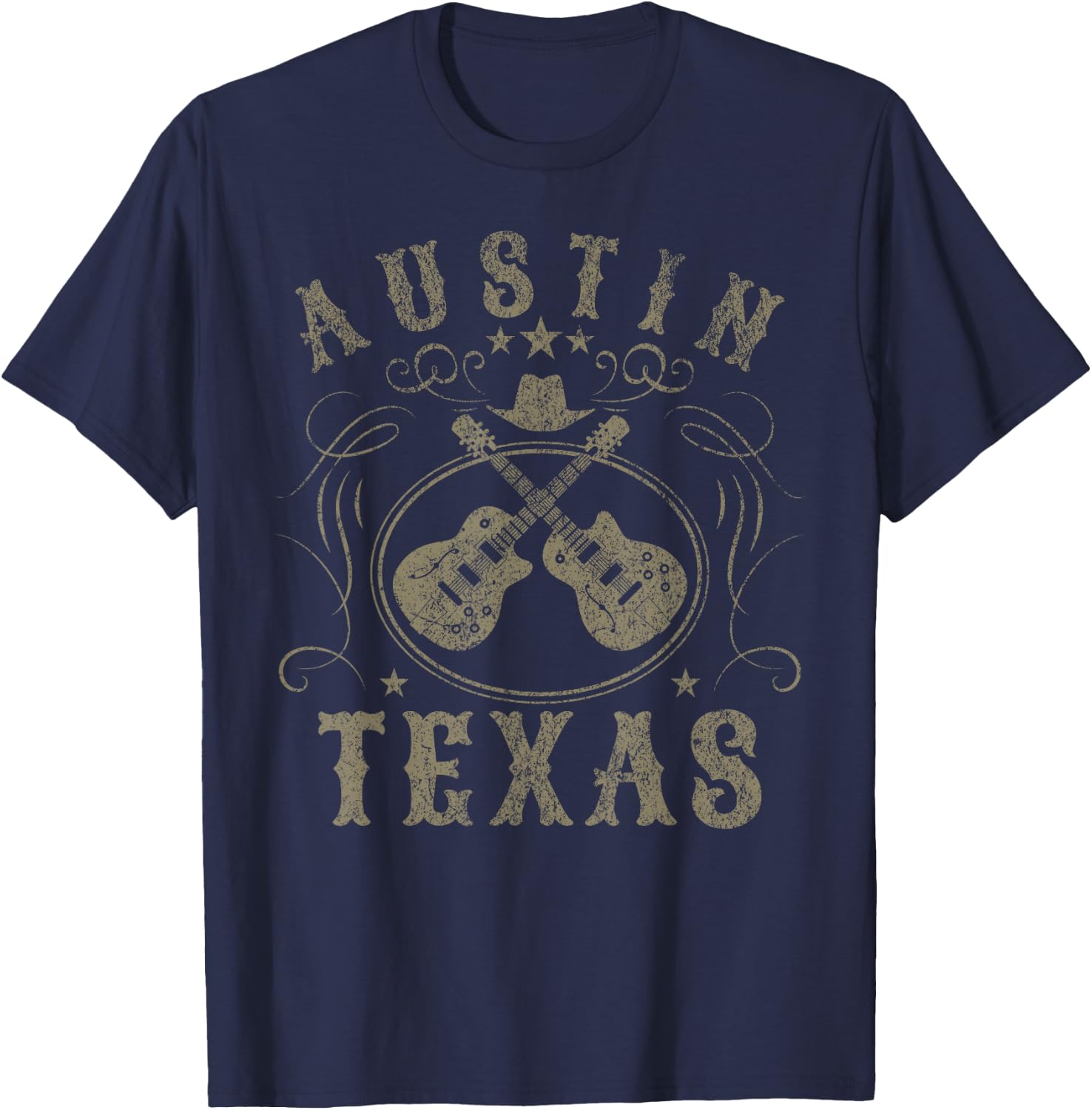 Austin Texas USA Travel - Adults & Kids - Black - Short Sleeve - - Vintage - Music - Vacation - Polyester 100% - Lightweight - Classic Fit - Detailed Fabric Composition T-Shirt - T-Shirt | Navy