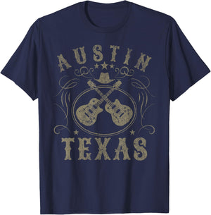Austin Texas USA Travel - Adults & Kids - Black - Short Sleeve - - Vintage - Music - Vacation - Polyester 100% - Lightweight - Classic Fit - Detailed Fabric Composition T-Shirt - T-Shirt | Navy