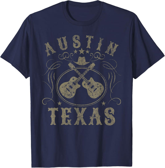Austin Texas USA Travel - Adults & Kids - Black - Short Sleeve - - Vintage - Music - Vacation - Polyester 100% - Lightweight - Classic Fit - Detailed Fabric Composition T-Shirt - T-Shirt | Navy