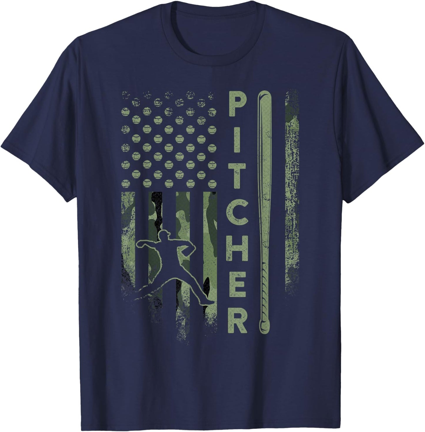 Vintage USA Camouflage Baseball Pitcher - Baseball Player T-Shirt - T-Shirt | Navy