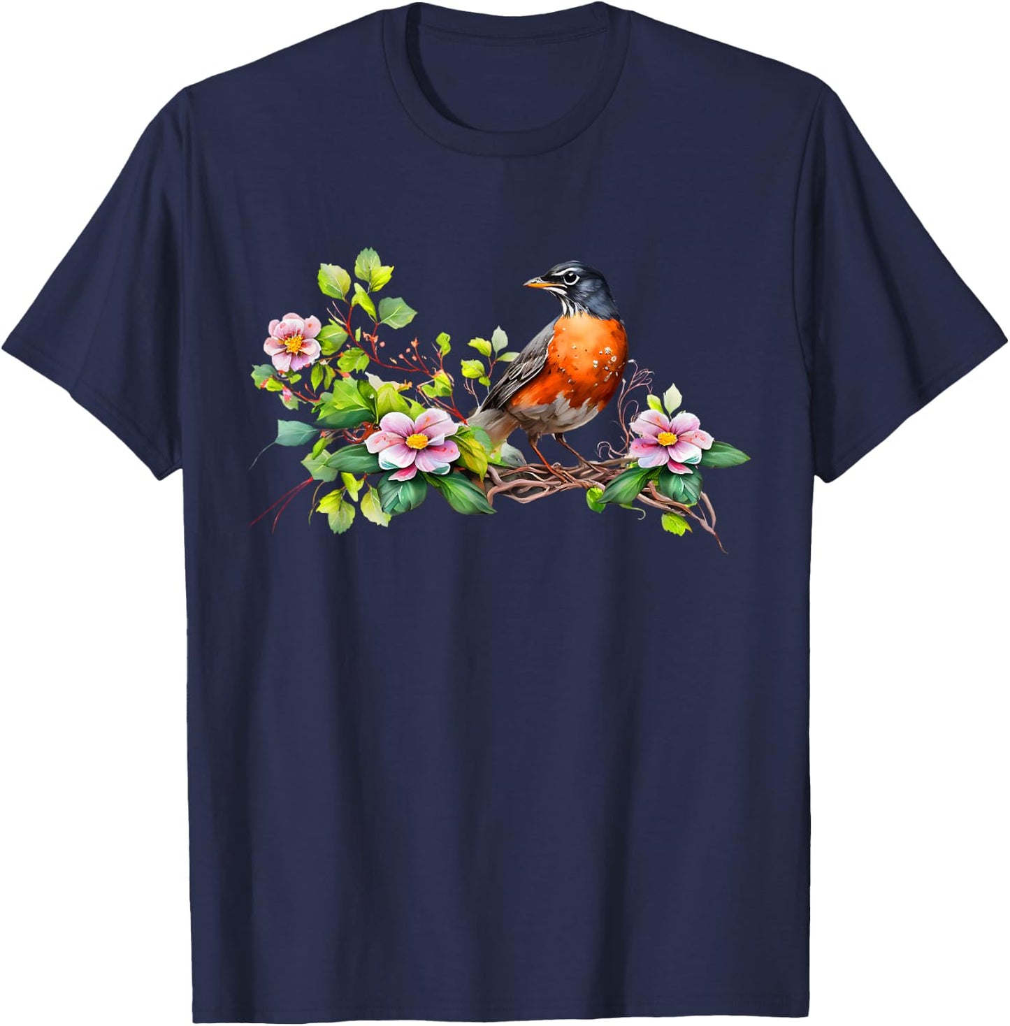 American Robin Backyard Birds Dogwood Flowers For Birders T-Shirt - T-Shirt | Navy