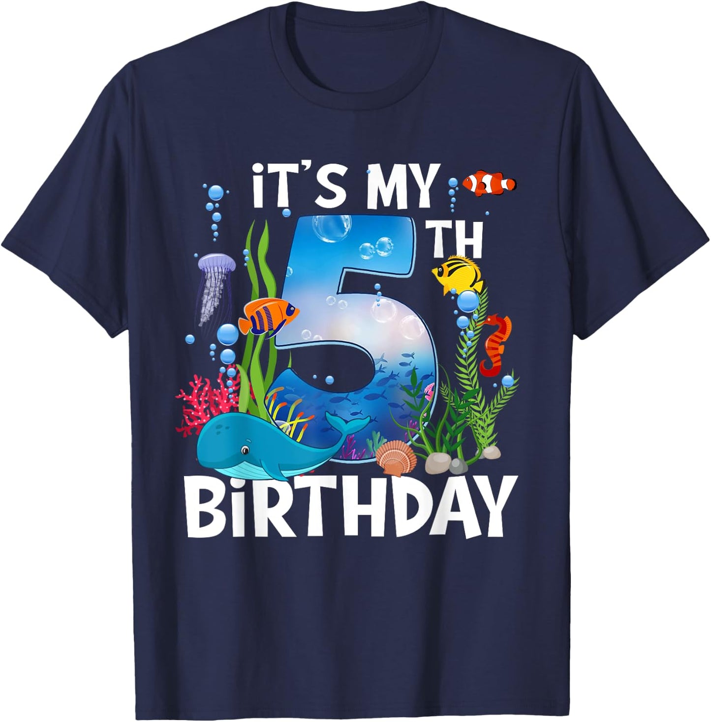 Kids 5 Year Old Ocean Life Whale Dolphin Shark 5th Birthday T-Shirt - T-Shirt | Navy