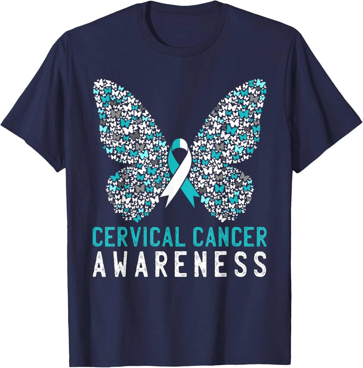 Butterfly Cervical Cancer Awareness Month White Teal Ribbon T-Shirt - T-Shirt | Navy