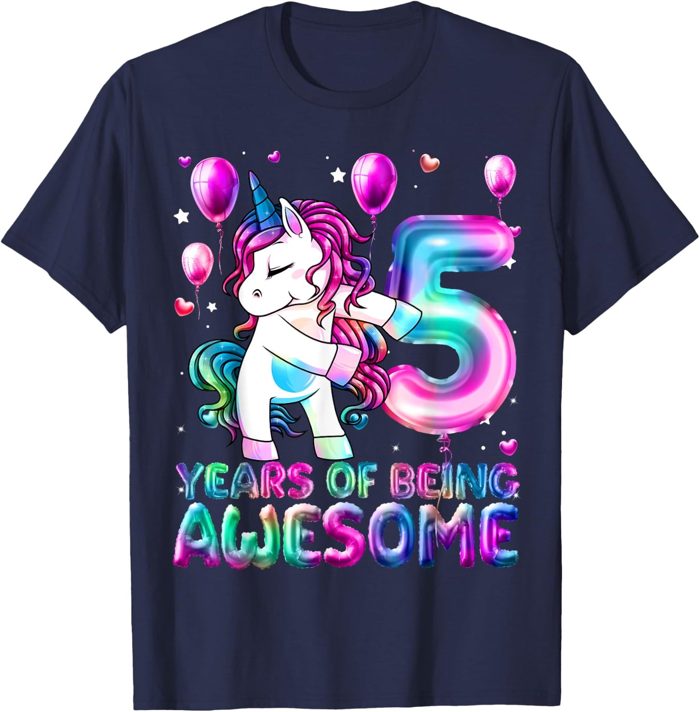 5 Years Of Being Awesome 5th Birthday Girl Unicorn Party T-Shirt - T-Shirt | Navy