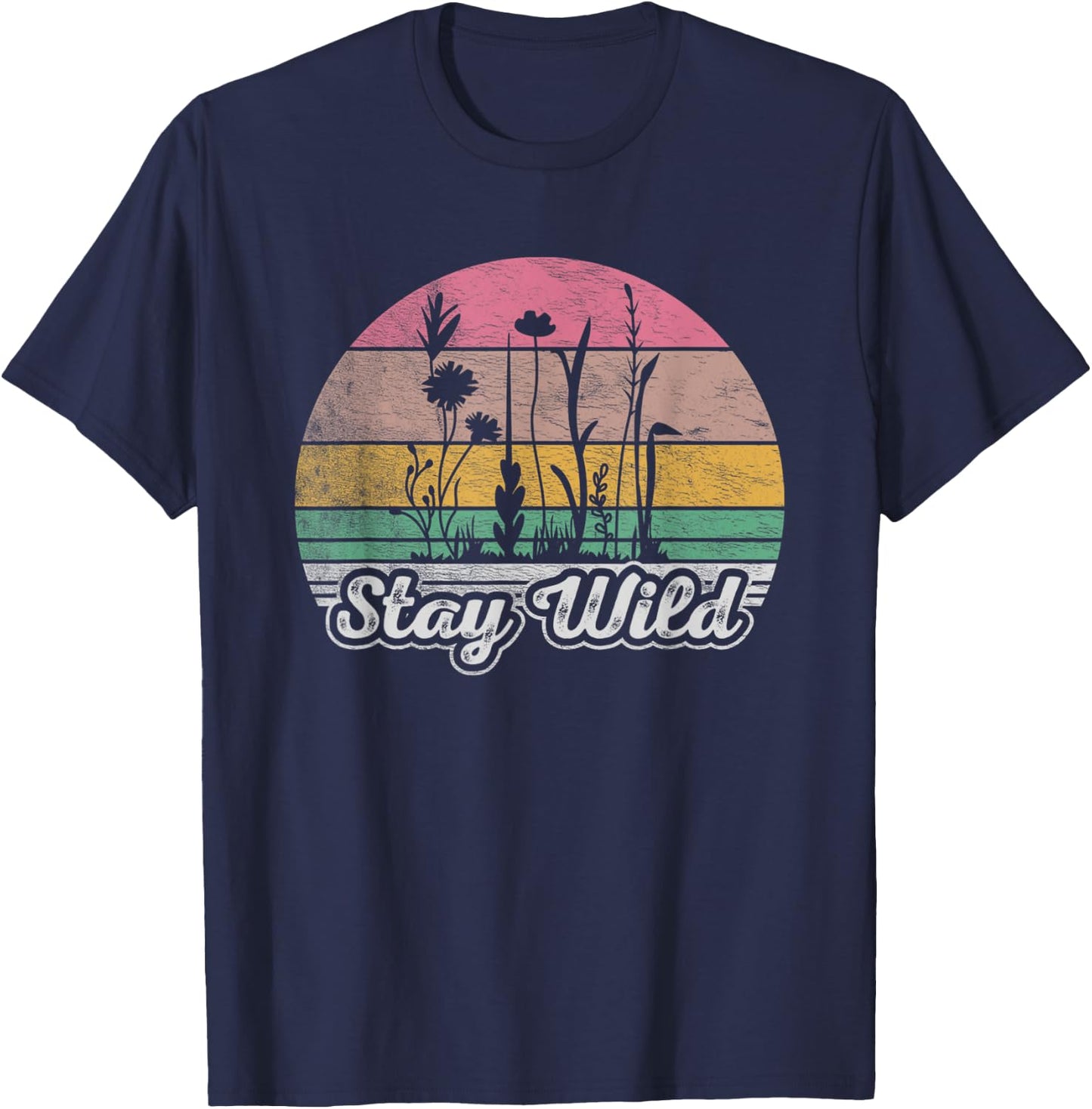 Retro Vintage Stay Wild Wildflower Inspirational Women Quote T-Shirt - T-Shirt | Navy