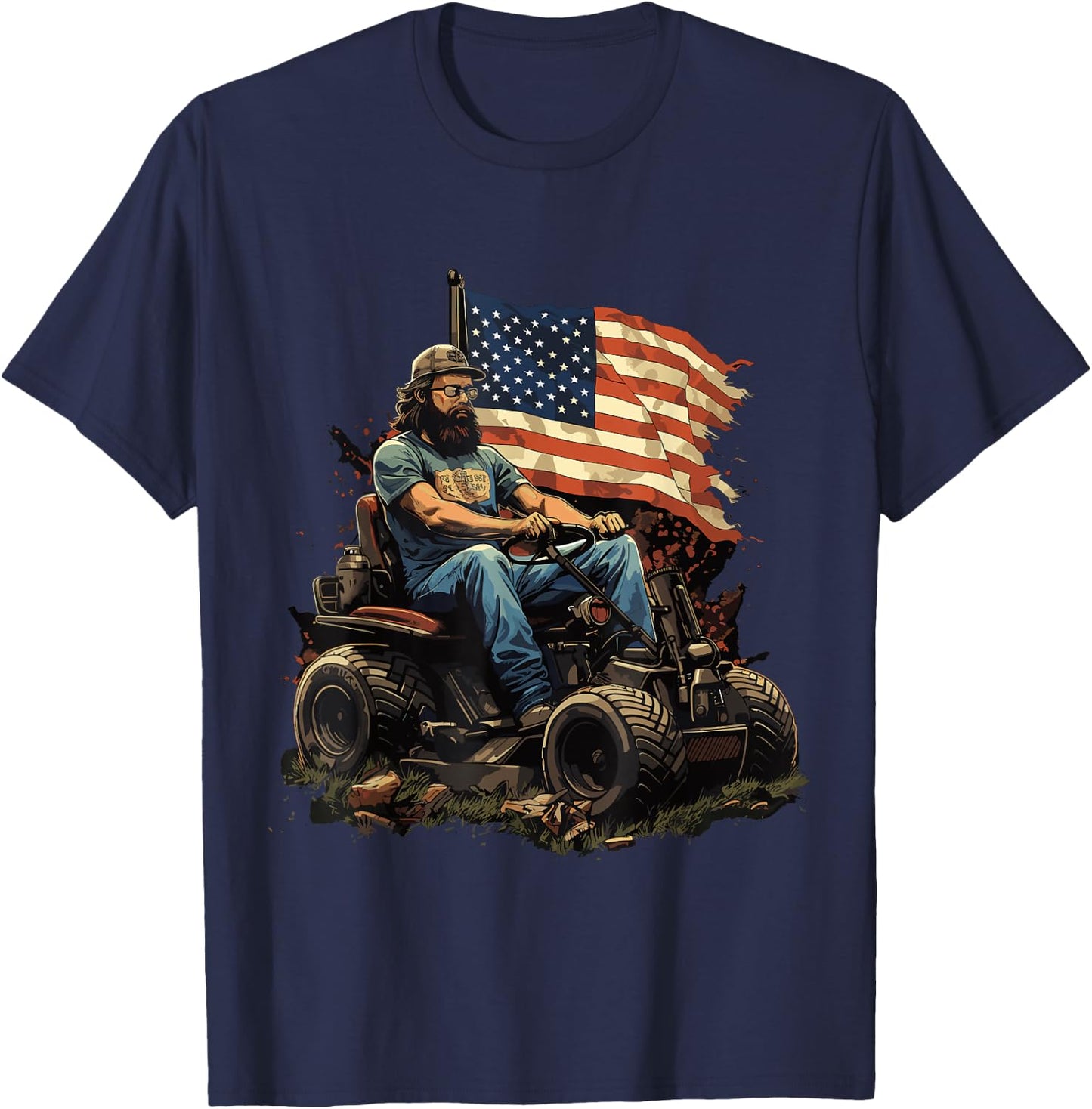 Funny racing lawnmower US Flag & lawn mower racing T-Shirt - T-Shirt | Navy