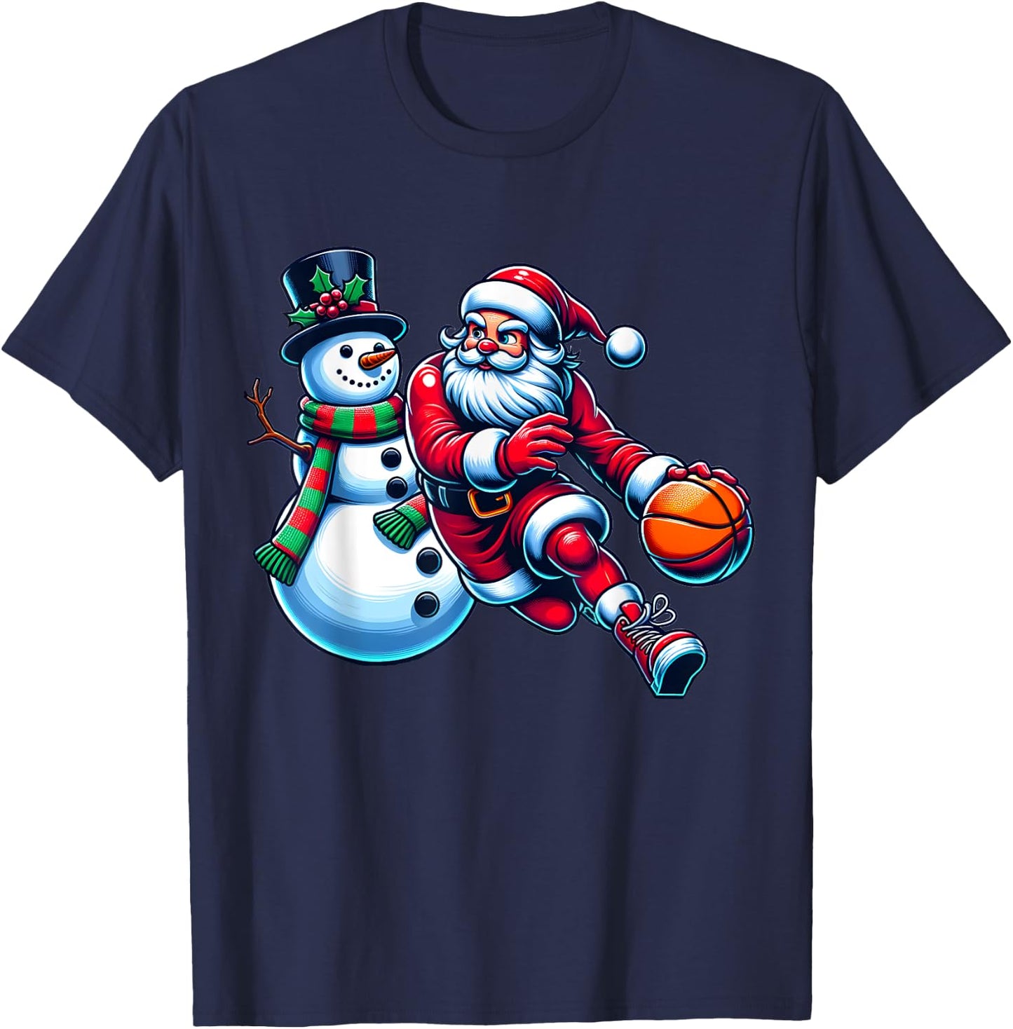Santa Playing Basketball With A Snowman Christmas T-Shirt - T-Shirt | Navy