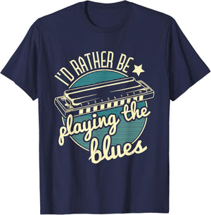 I'd Rather Be Playing The Blues Harmonica Player Harmonicist T-Shirt - T-Shirt | Navy