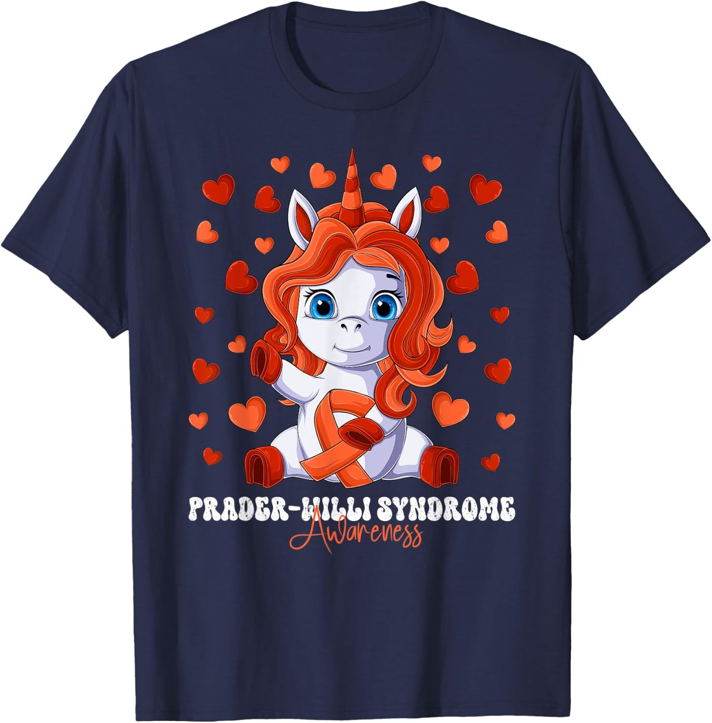 Prader-Willi Syndrome Awareness Month Orange Ribbon Unicorn T-Shirt - T-Shirt | Navy