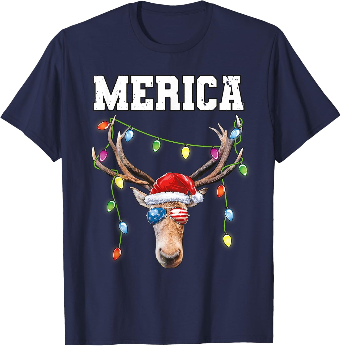 Merica Christmas Santa Buck Shirt USA Flag Patriotic T-Shirt - T-Shirt | Navy