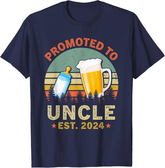 Promoted To Great Uncle Est 2024 New Uncle Beer And Milk T-Shirt - T-Shirt | Navy