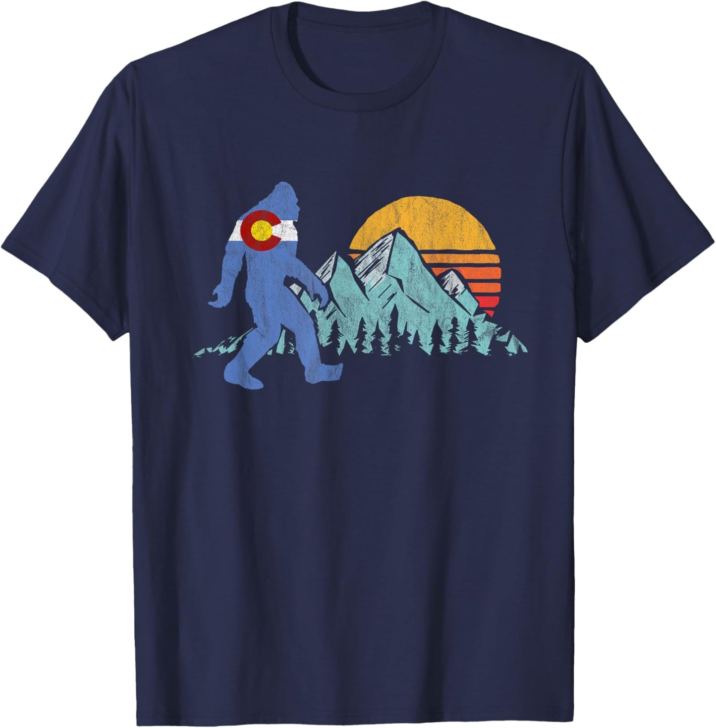 Retro Bigfoot Sun & Mountain State Flag of Colorado Graphic T-Shirt - T-Shirt | Navy