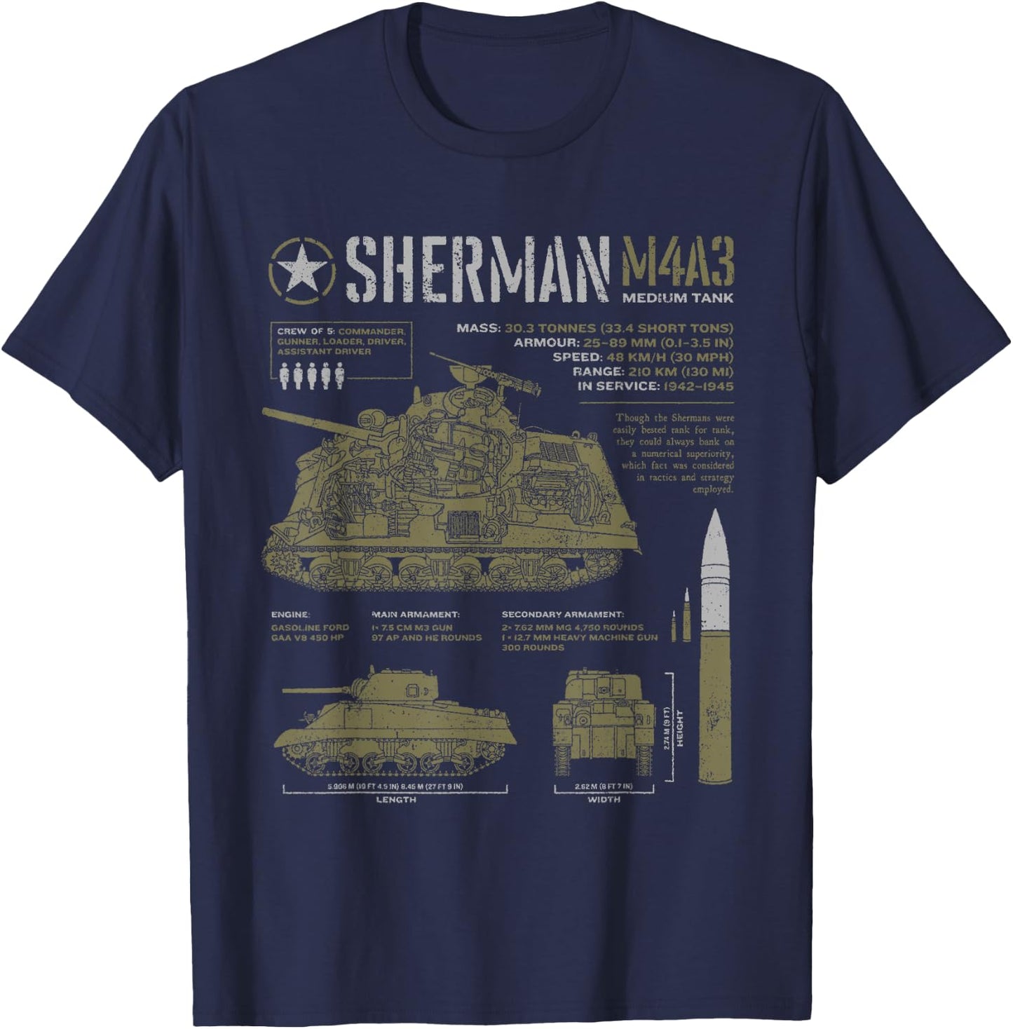 Sherman Tank World War 2 Blueprint T-Shirt - T-Shirt | Navy