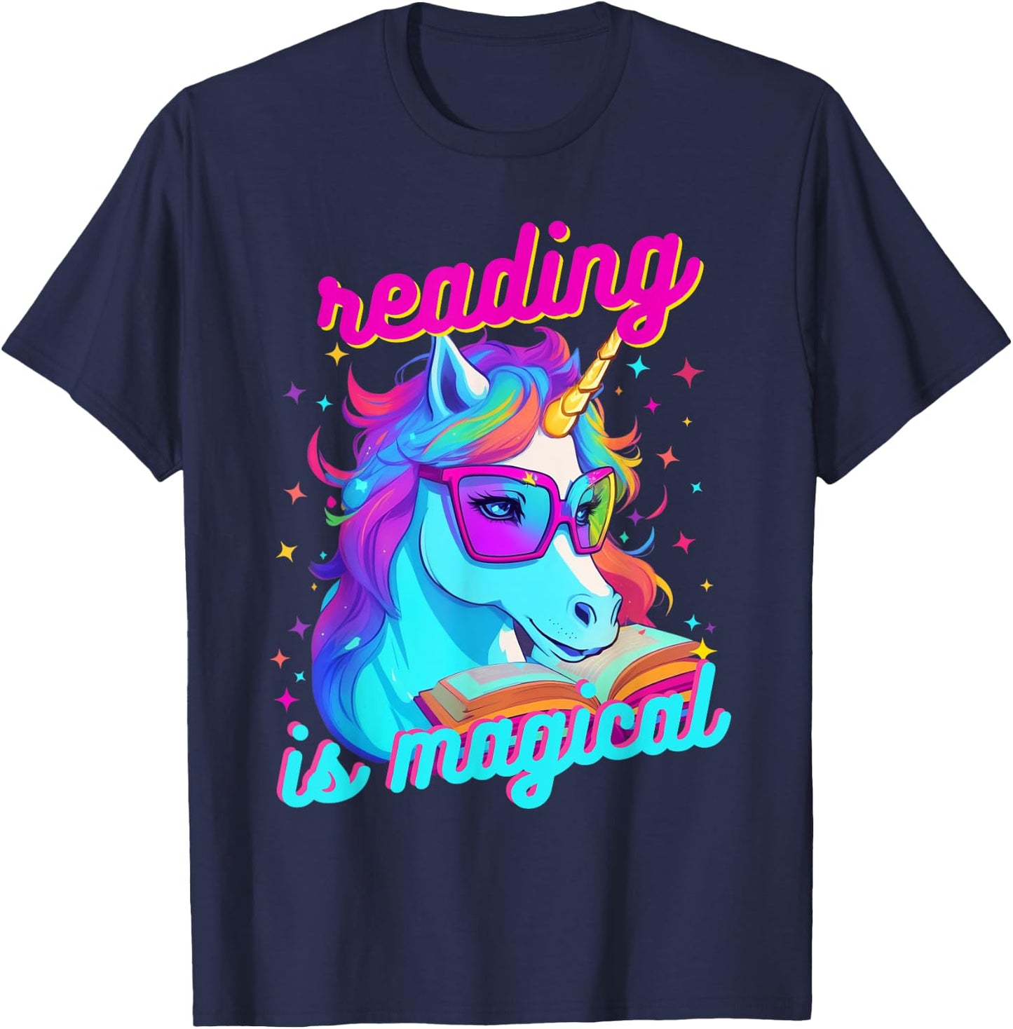 Psychedelic Cool Nerd Unicorn Reading is Magical Book Lover T-Shirt - T-Shirt | Navy