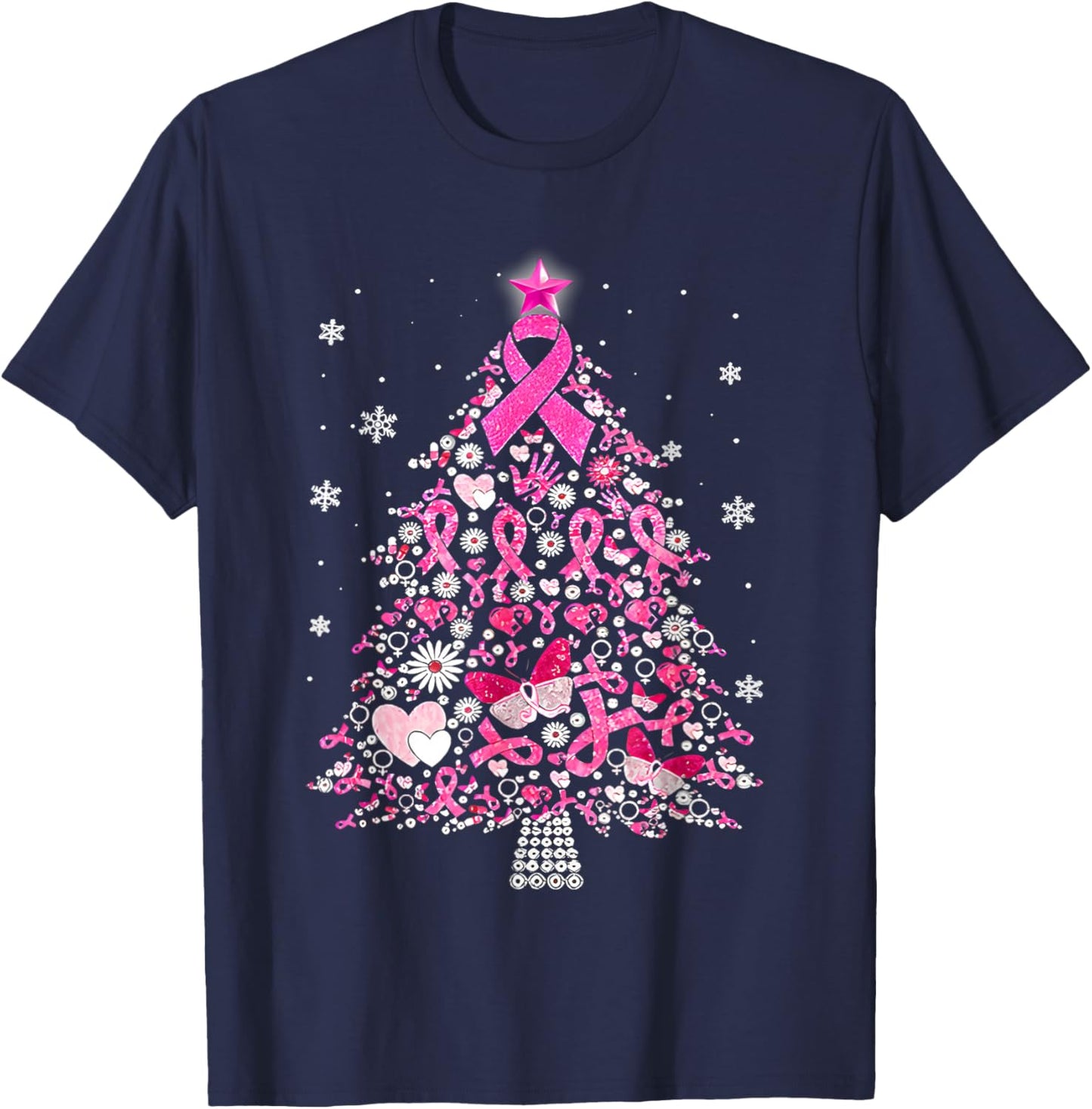 Breast Cancer Ornament Decoration Christmas Tree Snowflakes T-Shirt - T-Shirt | Navy