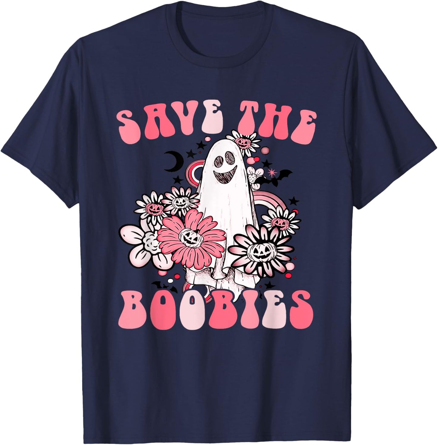 Boobees Breast Cancer Boho Groovy Ghost Save The Boo bees T-Shirt - T-Shirt | Navy